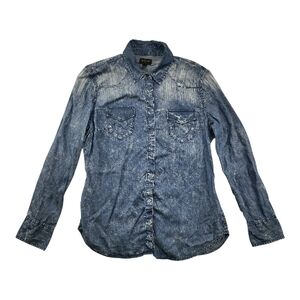 True Religion Georgia Slim Indigo Denim-Like Western Shirt Women's L Snap Button
